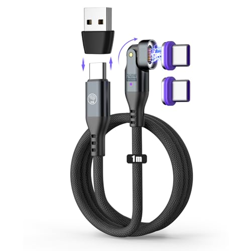 Ya en manzanajugosa.com: Cable Magnético usb c Carga Rápida y Datos -2025 chip- 240W 48V/5A - Giro 180° Cómodo y Compatible Car Play, Móvil, Tablet, Portátil... Indicador Led, Magnetic usb c Charging (1m + 2 Tips C)