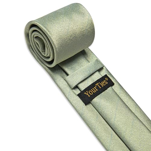 Image of YourTies Sage Green Ties for Men Silk Seafoam Necktie Pocket Square Cufflinks Solid Color Formal Business Party Wedding
