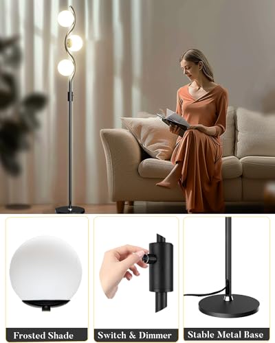 Image of Lightdot 60IN Dimmable Black Floor Lamp Mid Century Standing Lamps with 3Pcs Warm White Bulbs Included Brightness Adjustable Modern Tall Lamp with 5Lbs Heavy Base for Bedroom /Sofa Beside /Corner Decor
