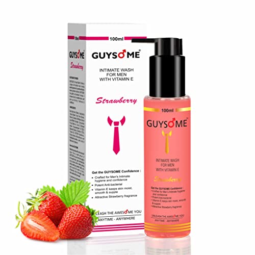 GUYSOME Men's Intimate Wash for Daily Hygiene, Balls Wash for Men Genital Area Care, pH Balance for Sensitive Skin with Vitamin E & Sea Buckthorn 3.38 FL Oz 100ML (Strawberry)