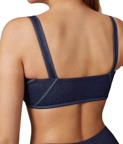 Move With You Womens Denim Sports Bras- Scoop Neck Yoga Contrast Low Coverage Padded Bra 012