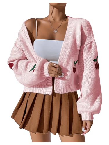 Image of GORGLITTER Women's Cherry Cropped Cardigan Sweaters Open Front Long Sleeve Cute Chunky Knit Short Cardigan Trendy
