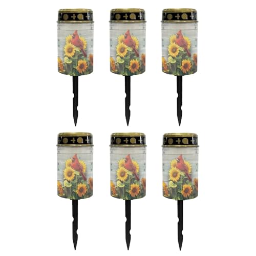 Image of Poceacles Cardinal Sunflower Wood Grain Solar Lights Outdoor Solar Powered Outdoor Cemetery Stake Candle Grave Solar Lamp Landscape Lighting Waterproof Grave Flameless Candle, Pack of 6