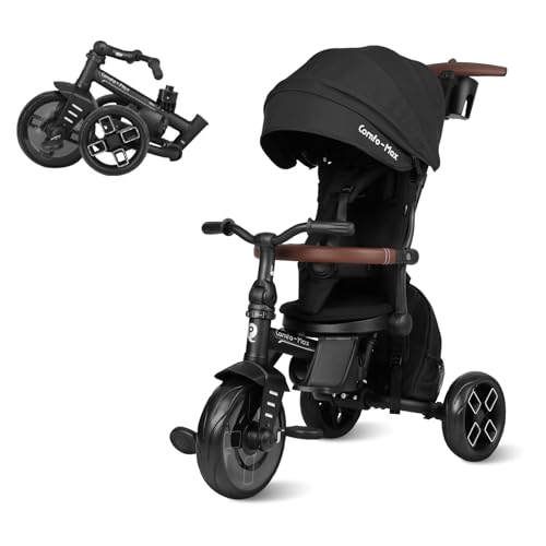 QPlay Toddler Bike Stroller for Baby 10 Months to 6 Years Old, 8-in-1 Foldable Stroller Bike for Toddlers 3-5 Boys & Girls Gifts Trike — Adjustable Handle, Triple Footrest, Canopy & Storage Bag