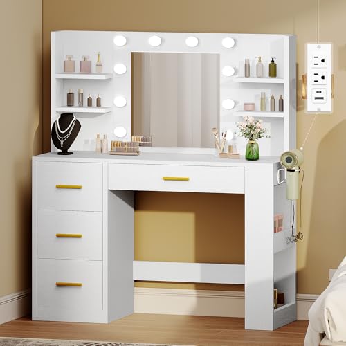 DWVO Vanity Desk with Mirror and Lights, 40in Makeup Vanity Table with Power Outlet, 4 Drawers & Storage Shelves, 3 Lighting Color Adjustable, White Dressing Desk for Bedroom