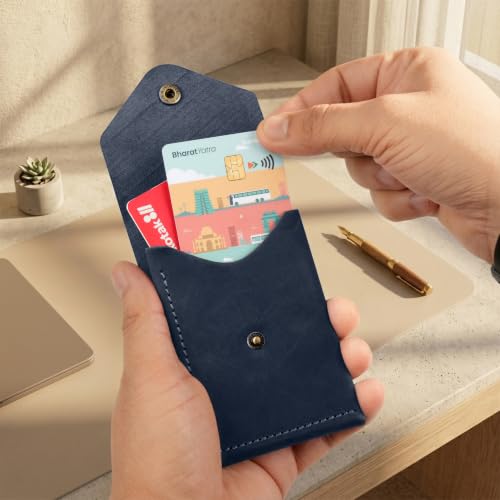 Image of The Wallet Store Flip 2.0 Genuine Leather Vertical Slim Wallet for Men | Pull-String Quick Card Access | Compact Front Cash Pocket & Button Lock | Minimalist Travel & Daily Carry Wallet (Blue)