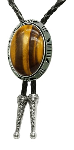 Image of Moranse Bolo Tie with Natural Tiger Eye Stone Celtic Style Genuine and Cowhide Rope