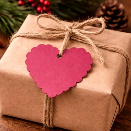 Image of CVANU (50-PCS) Decorative Heart Shape Color Paper Tags & Finish Cut Hole for Hanging with Jute Rope for Gift & DIY Crafts| Message Note| Labeling & Writable (2.16x2.36inch) Maroon