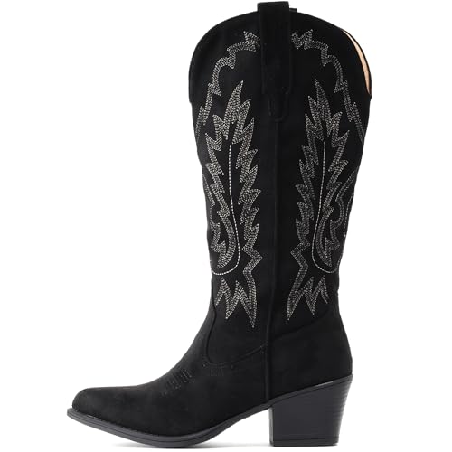 Image of IUV Suede Cowboy Boots For Women Chunky Heel Pointed Toe Cowgirl Boots