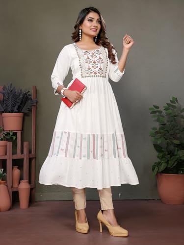 Image of rangita Women Rayon Regular Fit Calf Length Embroidered Tiered Flared Kurti | Kurta