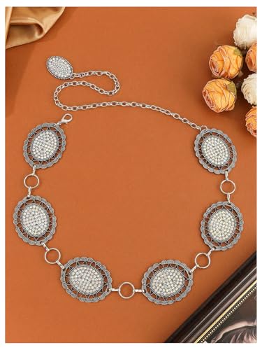MakeMeChic Women's Rhinestone Sparkly Metal Concho Waist Belts Western Chain Belt For Jeans Dresses3