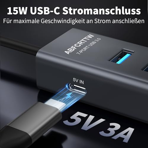 7-Port USB Hub 3.0 mit 120cm Kabel für Desktop, Aluminium USB Verteiler 5Gbps Multiport Adapter mit 4 USB-A & 3 USB-C Port, 5V 3A Type-C Port für PC, Laptop, MacBook, U-Disk, Maus