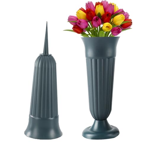 LdawyDE Grabvase mit Erdspieß, 2 Stück Friedhofsvase mit Sockel 11cm Erdspieß Kunststoff Grab-vasen 31 x 10,6 cm für Nass- und Trocken-Blumen als Grabschmuck