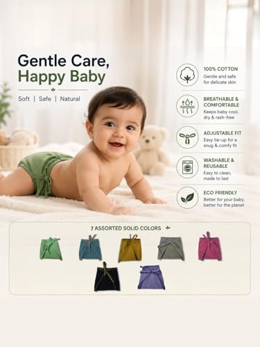 Image of Rigo Baby Cotton Cloth Diapers | Reusable Adjustable Nappy | Pack of 7 | 100% Cotton, Pack Size: 7, Adjustable Tie-Up, 0-24 Months, Machine Washable, Reusable