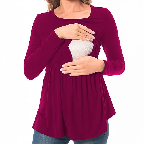 Bearsland Women’s Nursing Tops Long Sleeve Scoop Neck Breastfeeding Shirt Maternity Clothes, Purplish Red, S