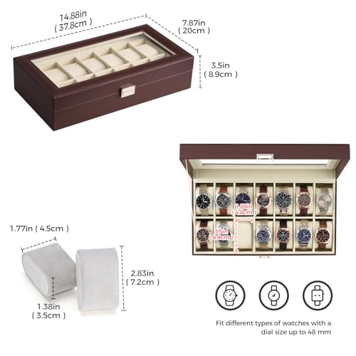 Image of ProCase Watch Box Organizer, 14 Slot Watch Display Case With Glass Lid, Watch Storage Holder Mens Watch Case, Anniversary Birthday Valentine Gifts for Men Women -14 Slot, Espresso&Beige