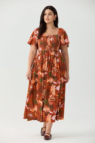 Image of RITERA Plus Size Dresses for Curvy Women Square Neck Short Sleeve Summer Floral Smocked Maxi Dress with Pocket XL-5XL