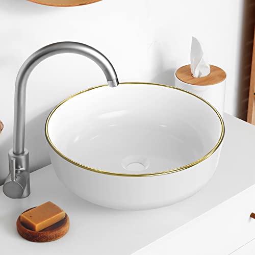 Lifezcime 16.5" Round Ceramic Bathroom Sink, Above Counter Circle Vessel, Luxury Gold Rim Bathroom Vessel Sinks, White Modern Lavatory Bowl Basin #TOP20