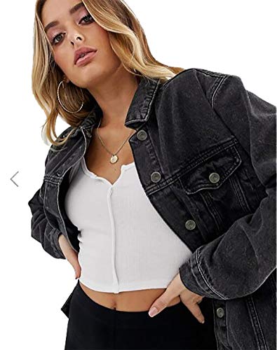 Image of Tsher Women's Oversize Vintage Washed Denim Jacket Long Sleeve Classic Loose Jean Trucker Jacket