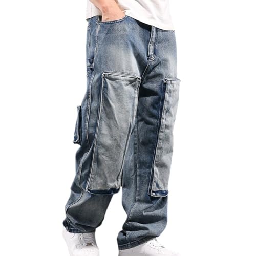 Men's Baggy Cargo Denim Pants Regular Fit Straight-Leg Hip Hop Jeans with Multiple Pockets