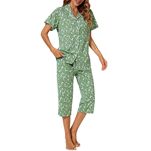 Image of Tugege Capri Pajamas Set Womens Button Down Short Sleeve Lounge Sets Sleepwear Notch Collar Top & Capri 2 Piece PJ Sets