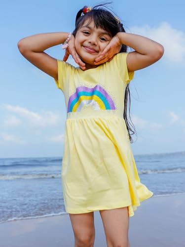 Image of Nap Chief Girls Printed Round Neck Fit & Flare Dress | Cotton Knee Length Half Sleeve Girls Summer Dress for Casual Wear