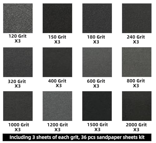 Image of Aventurine 36pcs Sandpaper 120 to 2000 Grits, Wet and Dry Sandpaper 9x3.6 Inch for Cars Polishing Metals Walls Wood Furniture Sanding, 120 150 180 240 320 400 600 800 1000 1200 1500 2000 Grits (36)