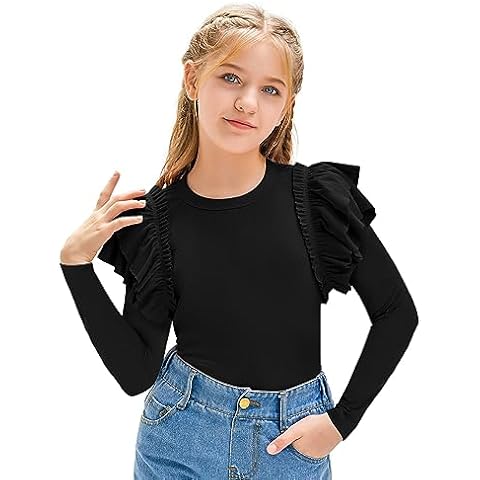 rrhss Girls Ruffle Long Sleeve Shirts Kids Cute Fitted Crew Neck Ribbed Knit Tops Clothes Black Cover