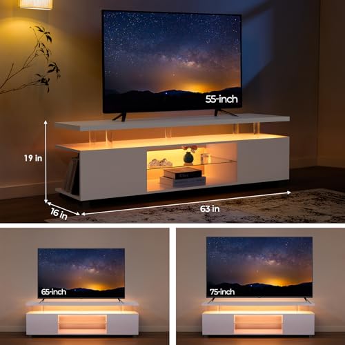 Image of White TV Stand for 70 inch TV, LED Entertainment Center with Storage | Adjustable LED Lighting, Acrylic Columns, Glass Shelf, Spacious Storage, Modern TV Cabinet for Living Room