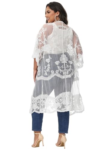 Image of Anna-Kaci Women's Plus Size Lace Cardigan Embroidered Long Kimono Dusters with Half Sleeves