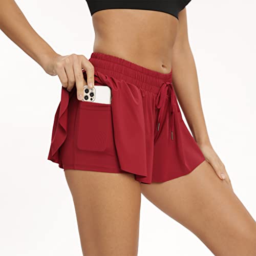 Image of 2 in 1 Flowy Running Shorts for Women Gym Yoga Athletic Womens Workout Biker Spandex Lounge Sweat Skirt Summer