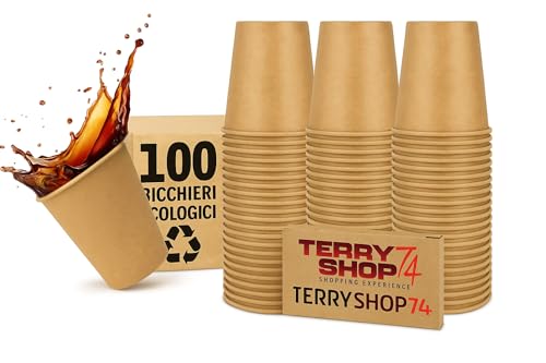 Terryshop74 100 Bicchieri Carta Kraft 210 ml Ecologici Monouso per Bevande Calde e Fredde | Biodegradabili e Compostabili | Ideali per Caffè, Tè, Succhi, Eventi, Feste