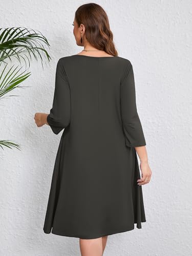 Image of AusLook Women's Plus Midi Dresses Crew Neck A Line 3 /4 Sleeves Casual Elegant Loose Wedding Vacation Dress with Pockets