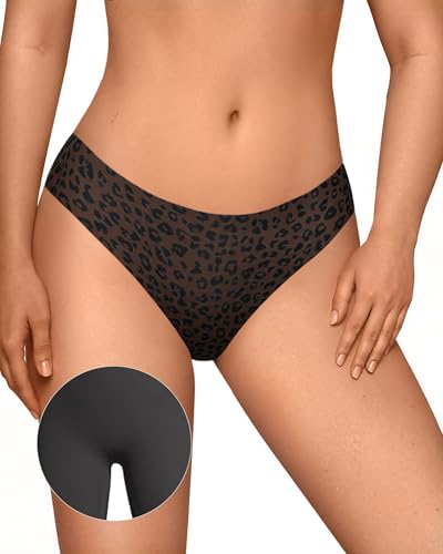 Image of OEAK Seamless Thongs for Women Invisible Thongs No Show Thong Panty Liners Tangas Comfortable Workout G-Strings Underwear Leopard Coffee XS
