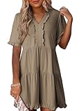 Dokotoo Womens Spring Summer Dresses for Women 2025 Short Sleeve V Neck Casual Flowy Swing Shift Dresses A Line Babydoll Mini Dress for Wedding or Graduation Plus Size Khaki Dress L