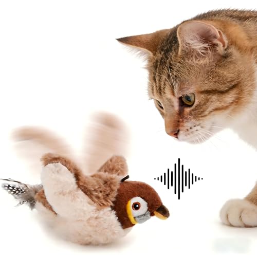 Interactive Chirping Bird Cat Toys with Flapping Wings Rechargeable Electric Sparrow Touch Activated Kitten Hunting Exercise Toy for Indoor Cats (No Flying)