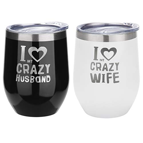 Exclusive Discount 60% Price FAYERXL Personalised Mr and Mrs Couples Steel Wine Tumbler Set Wedding Gift for Bride and Groom-His and Hers Gifts Mugs (Black and White, Set of 2 Crazy Wife and Crazy Husband)