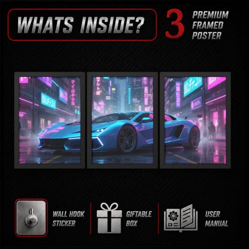 Image of BeauKraft Supercar Racing Poster Set for Wall - 3 Panel Split Posters (13x17 in Each, Framed), Sports Car Wall Art Decor for Boys Room, Living Room, Garage & Men's Bedroom (Framed - Blue)