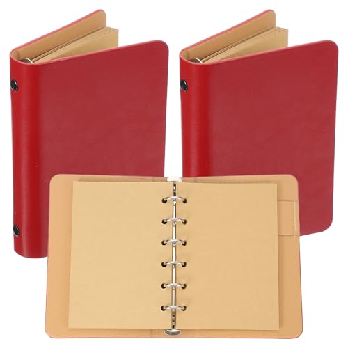 Image of PATIKIL 6 Ring Binder Cover, 2 Pack A7 Kraft Leather Notebook Binder Mini Refillable Loose Leaf Personal Planner with 50 Sheets Paper, Red