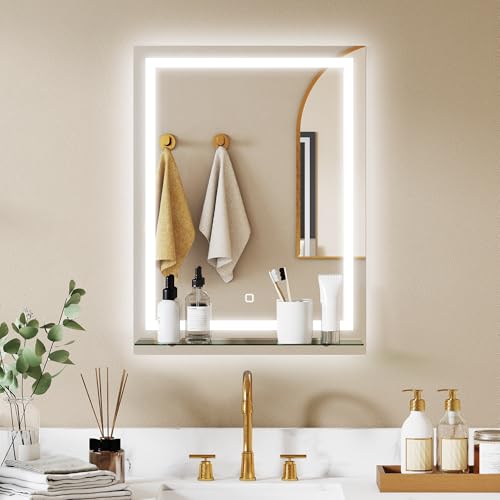 kleankin Espejo de Baño con Luces LED, 60x80 cm, Espejo de Pared, 3 Colores de Luz, Brillo Regulable, Estante de Vidrio, Función de Memoria, Interruptor Táctil, IP44, Vertical