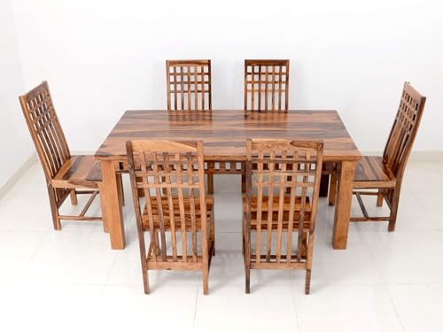 Image of Sheesham Wood Rectangle Dining Table with 6 Chairs | Durable Wooden Multipurpose 6 Seater Dining Table Set Furniture for Living Room, Home, Restaurant and Hotels (Natural Finish)