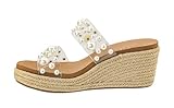 Corkys Footwear Shes Here 2.5-Inch Wedge - Jute Wrapped Outsole, Two Straps Adorned with Pearls, Soft and Cushioned EVA Insoles for All Day Wear, Slip-on - Clear - Size 9
