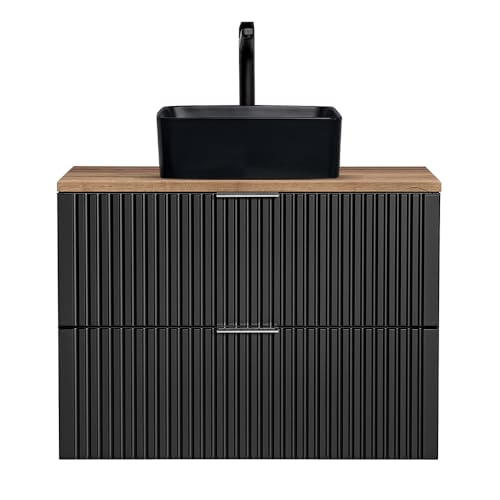 Lomadox Waschtisch, 81cm, mit schwarzem Aufsatzwaschbecken, in matt schwarz mit Eiche Nb., Front gerillt, B/H/T ca. 80,6/72,2/46,5 cm
