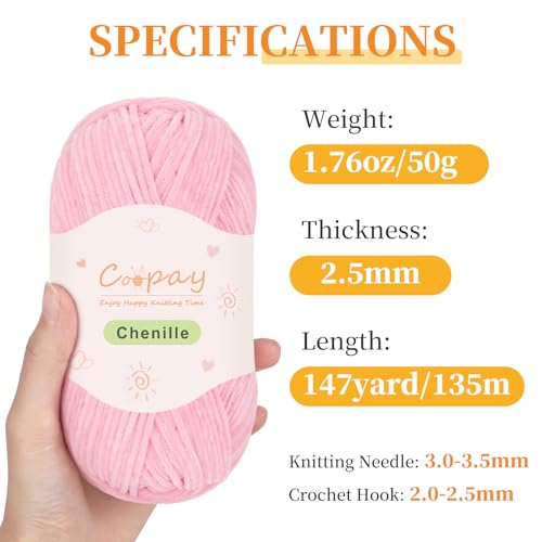Image of Coopay Skinny Chenille Yarn for Crocheting and Knitting, 12 Pack of 50g /1.76oz - 1764yd Total, Soft Crochet Yarn of Light Weight - Sutible for Colorful Crafts, Blankets, Plush Dolls and Baby Garments
