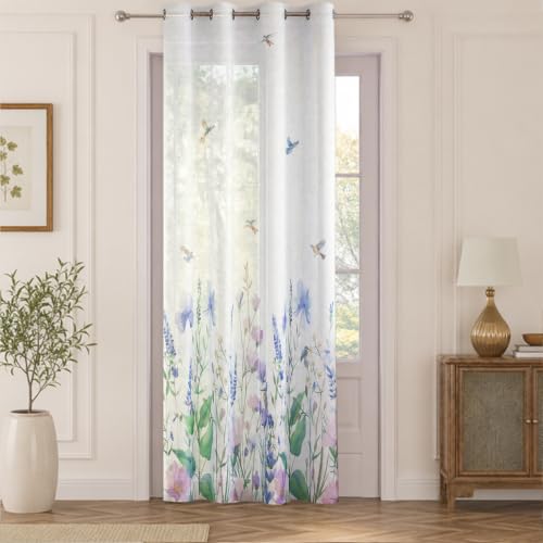 Image of HOKIPO Meadow Bloom Sheer Curtain 7 Feet Long 1 Panel, Bluebird Blossom