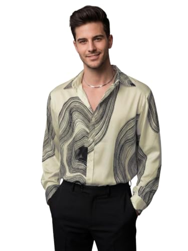 Image of GRECIILOOKS Men's Poly Blend Regular Fit Shirt | Abstract Wave Printed Shirts for Men | Trendy Button Down Stylish Shirt for Man | Casual Summer Outfit