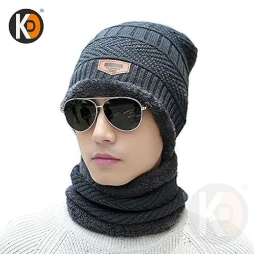 Image of K D Winter Wear 2-in-1 Woolen Beanie Cap & Muffler Set for Men & Women | Soft Thermal Wool | Fleece-Lined | Head & Neck Warmer | Unisex Winter Accessories (Cap /Muffler - Gray)