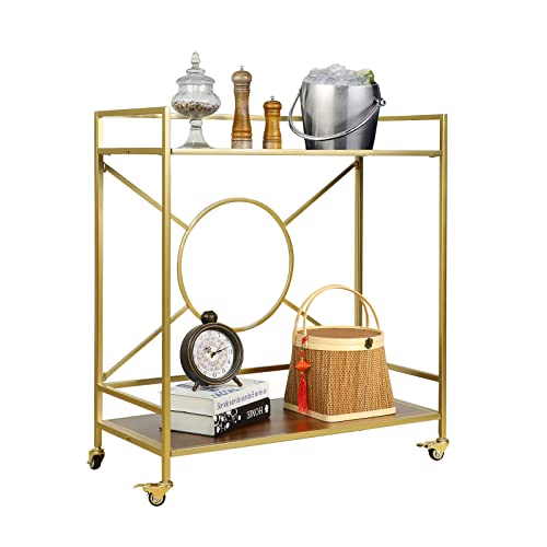 Palama Gold Bar Cart For The Home, Outdoor Bar Cart Simply Assembled With Only 4 Screws, 2-Tier Snack Cart With 2 Walnut Mdf Shelves, Bar Cart With 2 Lockable Wheels #TOP3