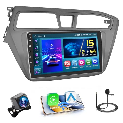 Hikity 2+64GB Autoradio Android per Hyundai i20 2015-2018 Radio CarPlay Android Auto 9 Pollici Touchscreen Auto Radio con WiFi GPS FM RDS Telecamera Posteriore
