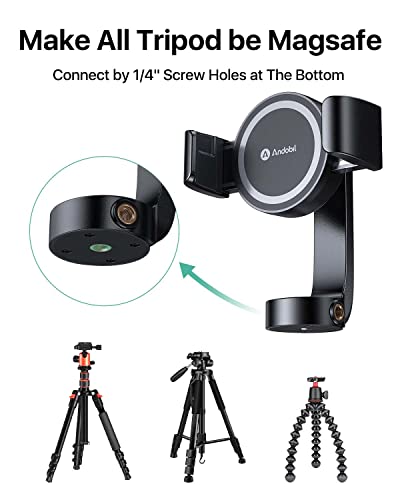Andobil Magstick Iphone Tripod Mount, Auto Clamping Magnetic Tripod Holder 360 Rotation,1/4" Screw Hole Tripod Adapter Fit For Iphone 14/Pro/Pro Max/Plus & Camera, Tripod Clamp Compatible With Magsafe #TOP6